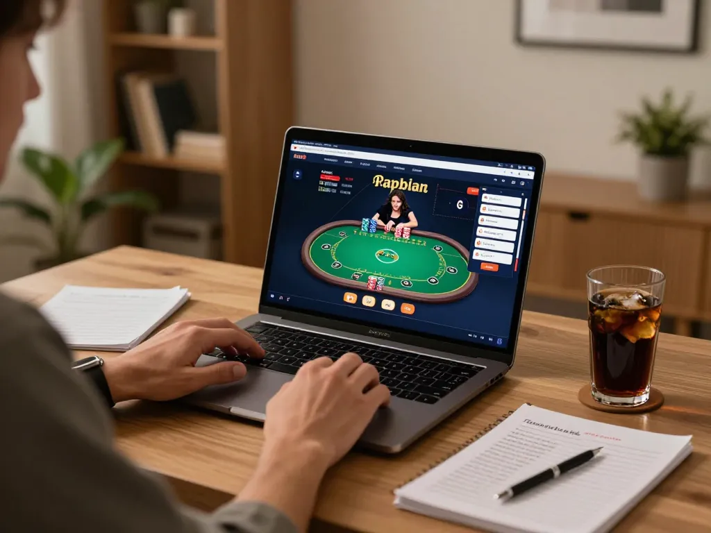 Engaging in casino gaming at home on jun88 with a laptop and strategy notes nearby