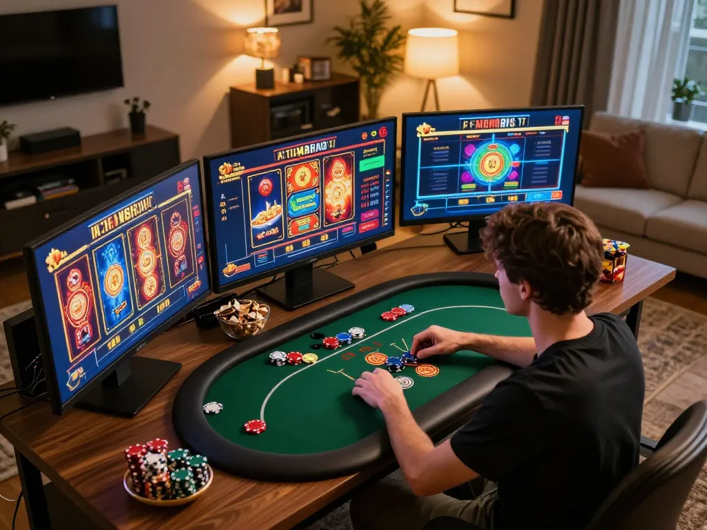 Cucu777 player engaged in online casino gaming at home with multiple screens displaying live dealer games and slots.