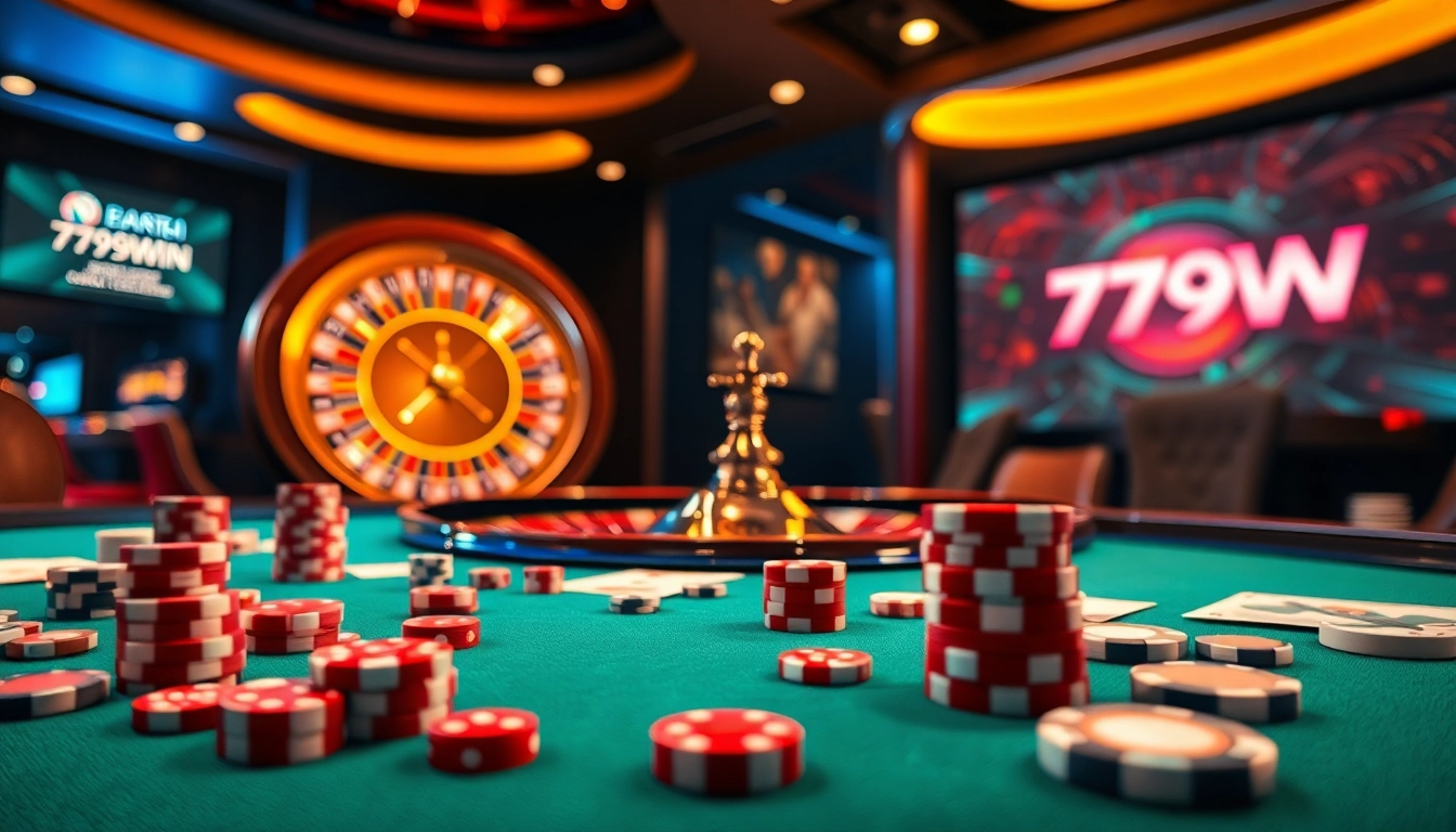 Experience the thrill of 789WIN with vibrant casino elements like chips, cards, and a roulette wheel.