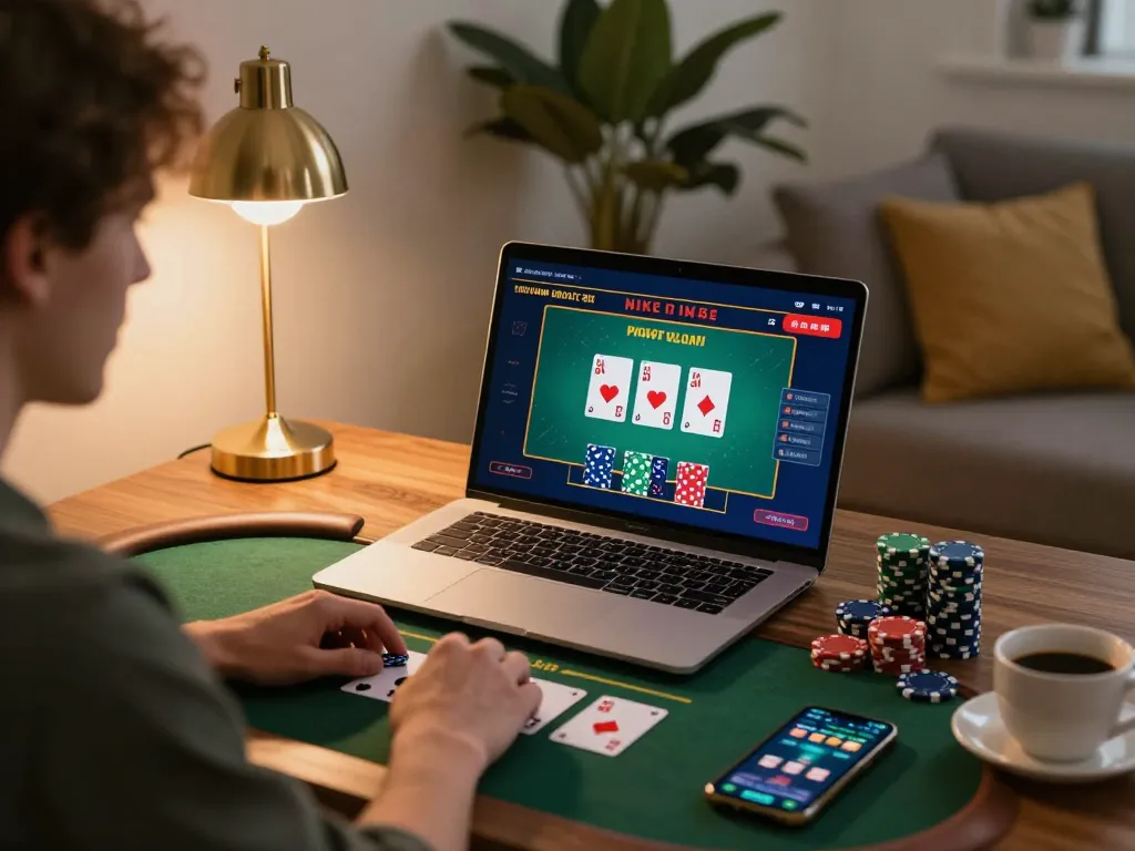 123Win player immersed in an online live dealer game at home, showcasing poker setup and engagement.