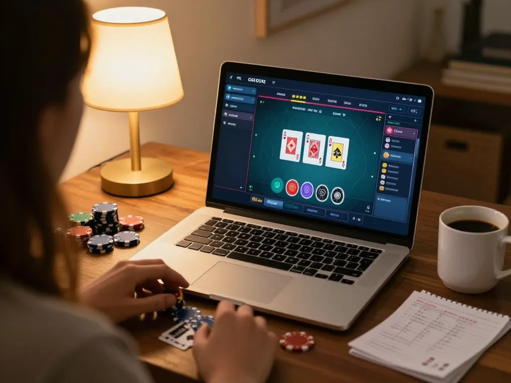 Play poker online at ev99 from a cozy home setting, with chips and strategy notes visible
