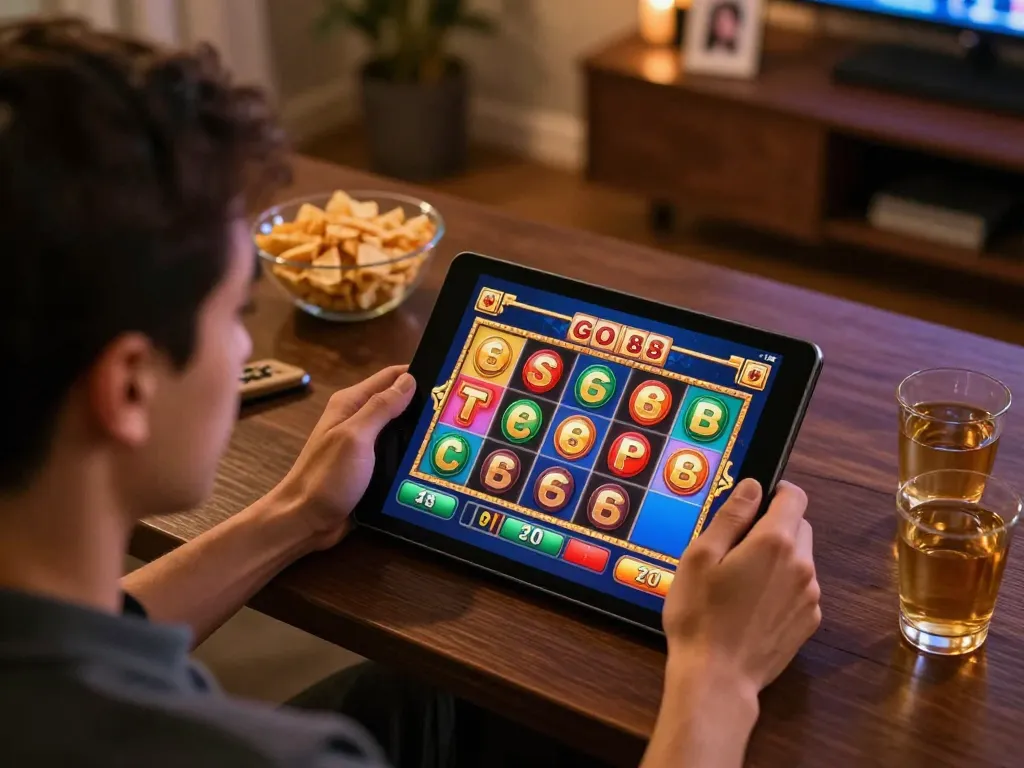 Player engaging with go88 slots interface on tablet in a cozy home setting, showcasing strategic online gambling.
