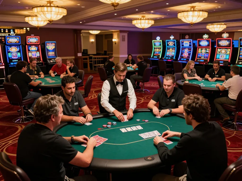Players engage in intense poker gameplay while checking ผลบอล at the upscale casino floor.