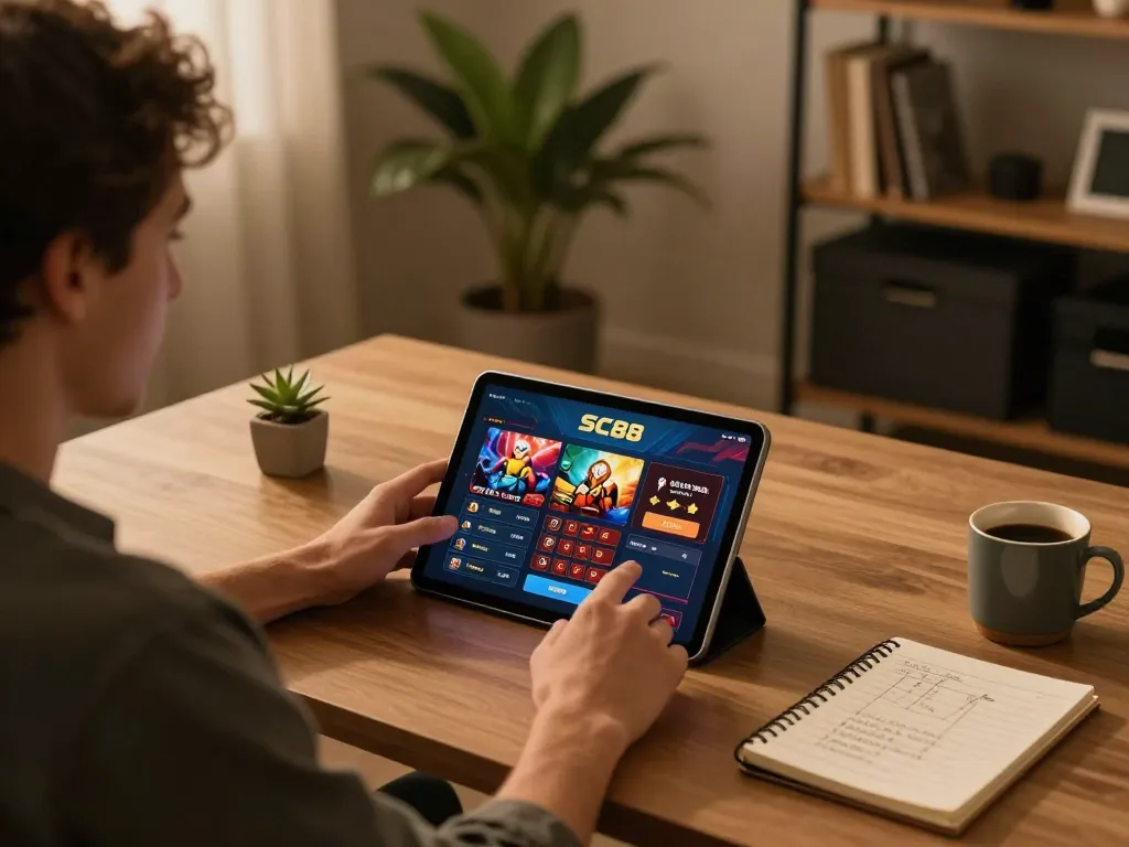 Player enjoying the SC88 casino app on a tablet, with cozy home setup and betting notes.