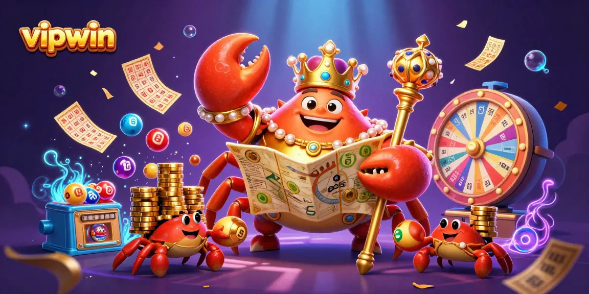 Engage in thrilling casino games with vipwin featuring a vibrant illustration of a golden crab emperor amidst dynamic lottery elements.