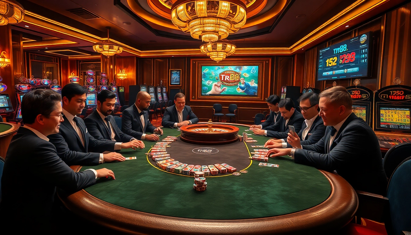 Experience high-stakes excitement at tr88 with players betting at a luxurious casino table.