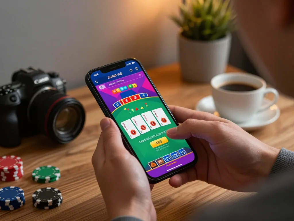 Engaged player using Go8 app on smartphone for strategic blackjack gameplay in a cozy setting.