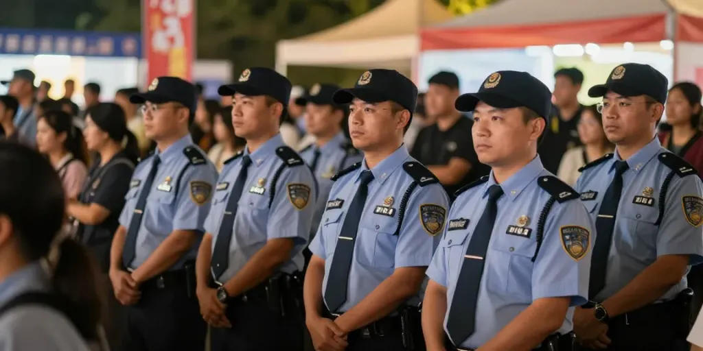 Local security services ensuring safety at a community event, trusted professionals on duty, engaging atmosphere.