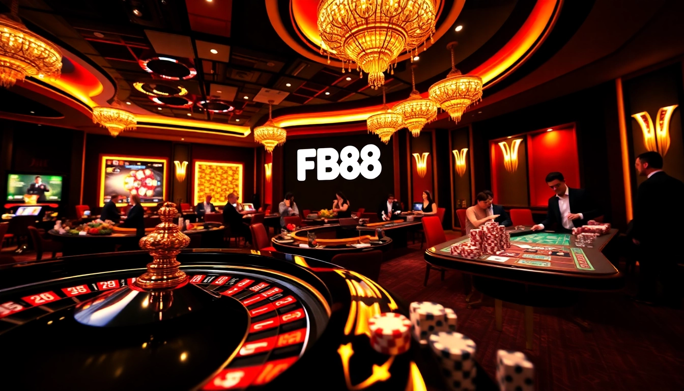 Experience the thrill of gameplay with FB88 at a luxurious casino featuring roulette, poker chips, and vibrant lights.
