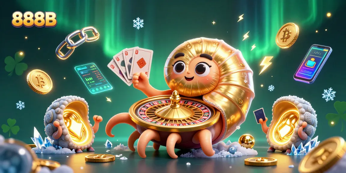 Play at 888B with a vibrant scene of a giant nautilus casino wheel, colorful cryptocurrency elements, and glowing companions.