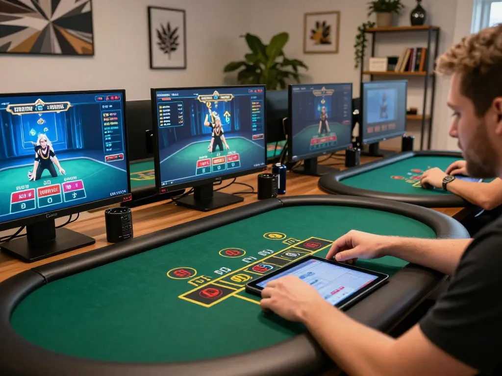 Engaging in thrilling digital casino gaming at home with luck8l software on tablet.