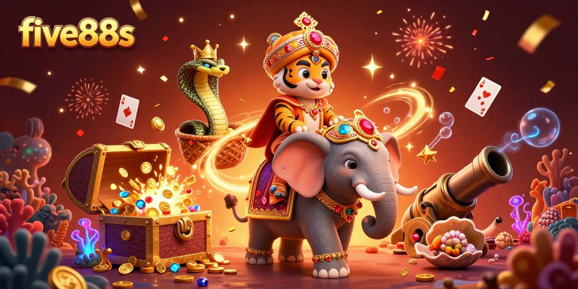 Experience the excitement of five88s with a vibrant 3D casino scene featuring treasure and gaming action.