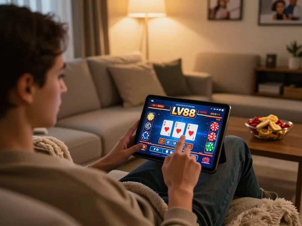 Engaging in online betting with LV88 on a tablet in a cozy living room