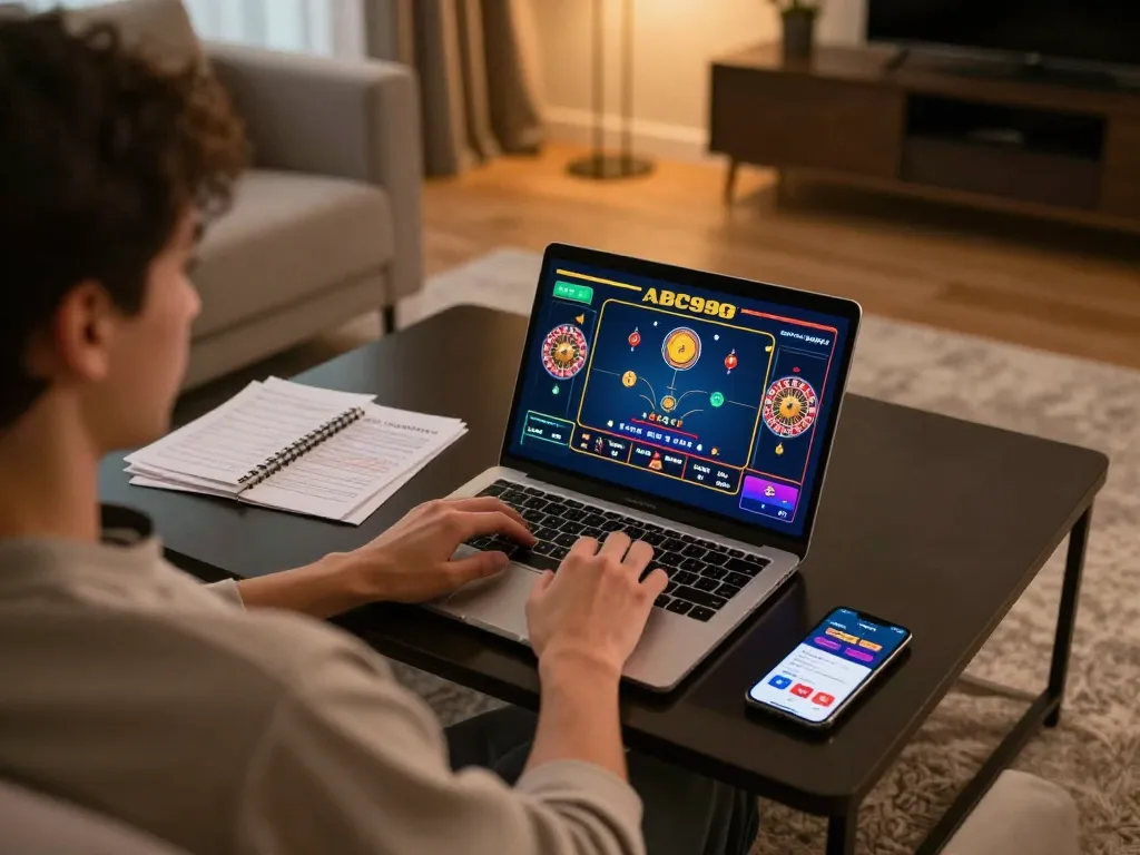 Player engaging with ABC999 online casino on a laptop in a cozy home environment