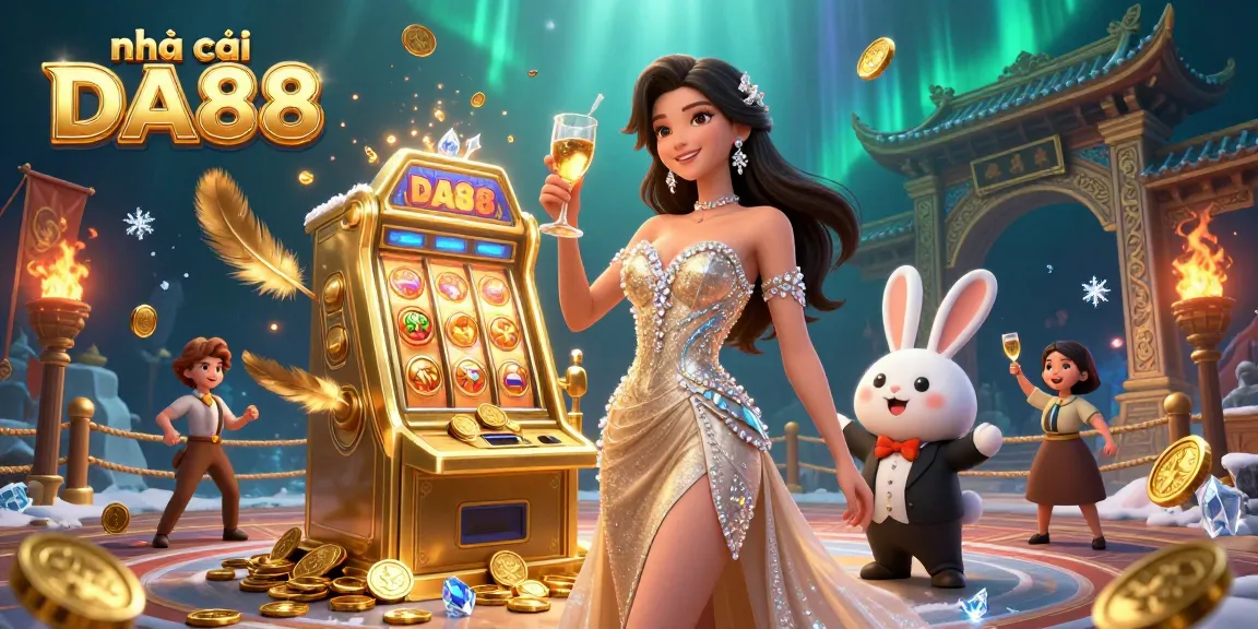 Join the excitement at nhà cái DA88 with a stunning 3D casino illustration featuring a glamorous character, golden jackpot, and vibrant casino elements.