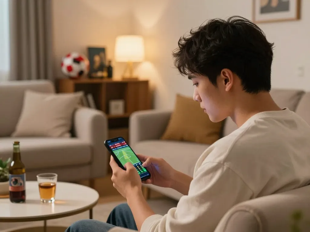 Bongdallu user placing live sports bets on smartphone in a stylish home environment.