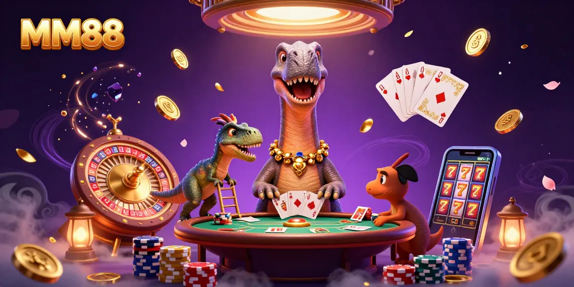 Engage with MM88 at a vibrant casino scene featuring a towering brontosaurus and dynamic game elements.