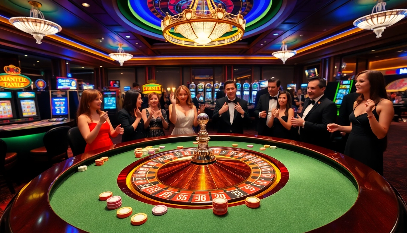MM88 casino players celebrate wins at an upscale roulette table with vibrant chips.