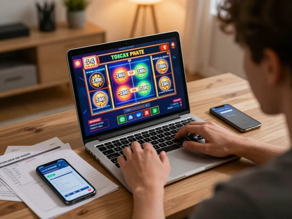Player immersed in online slot games with hay88x, showcasing vibrant interface and strategic preparation.