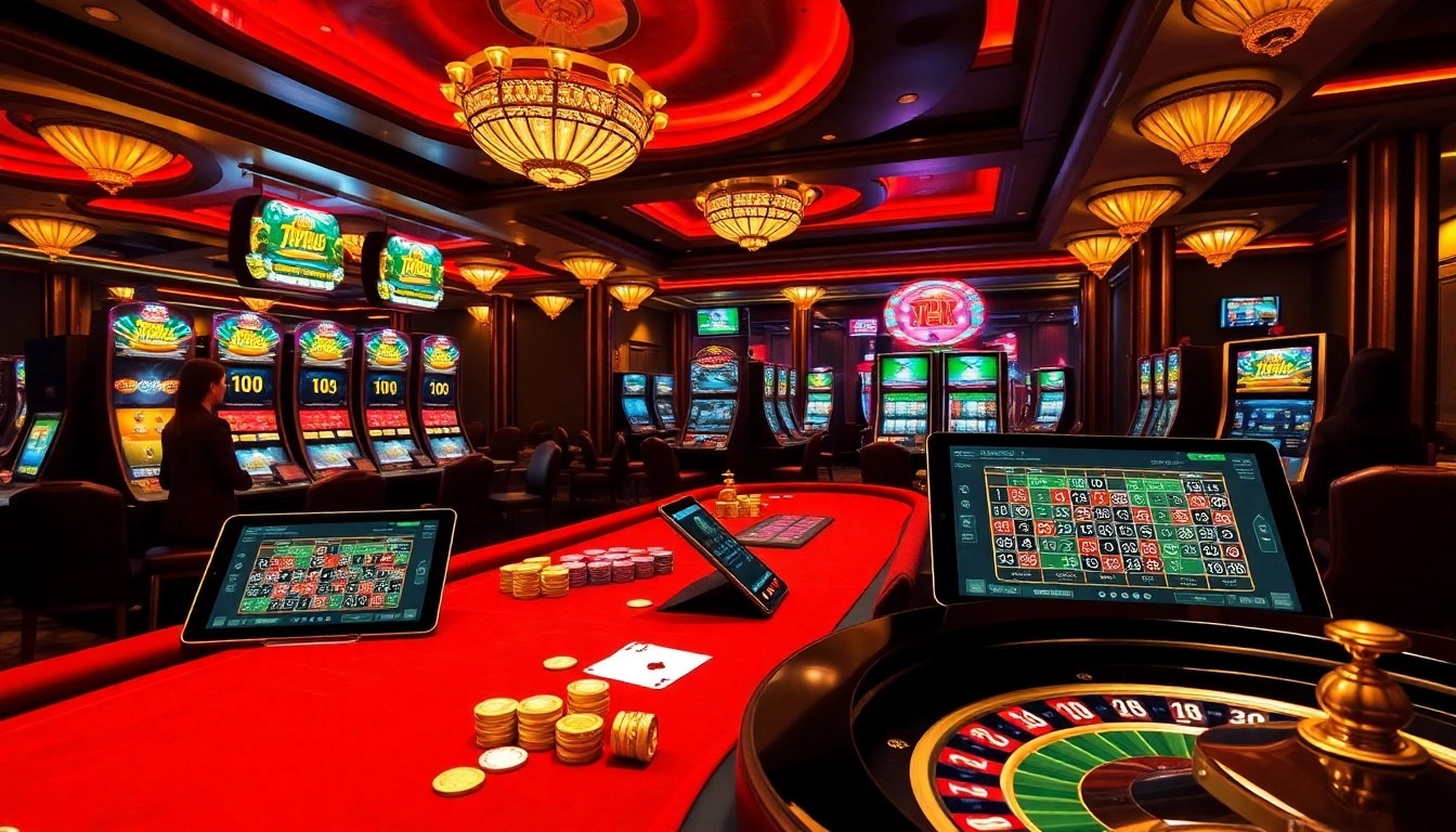 Experience the thrill of gambling at Typhu88 with casino tables, slots, and poker chips in a luxurious setting.