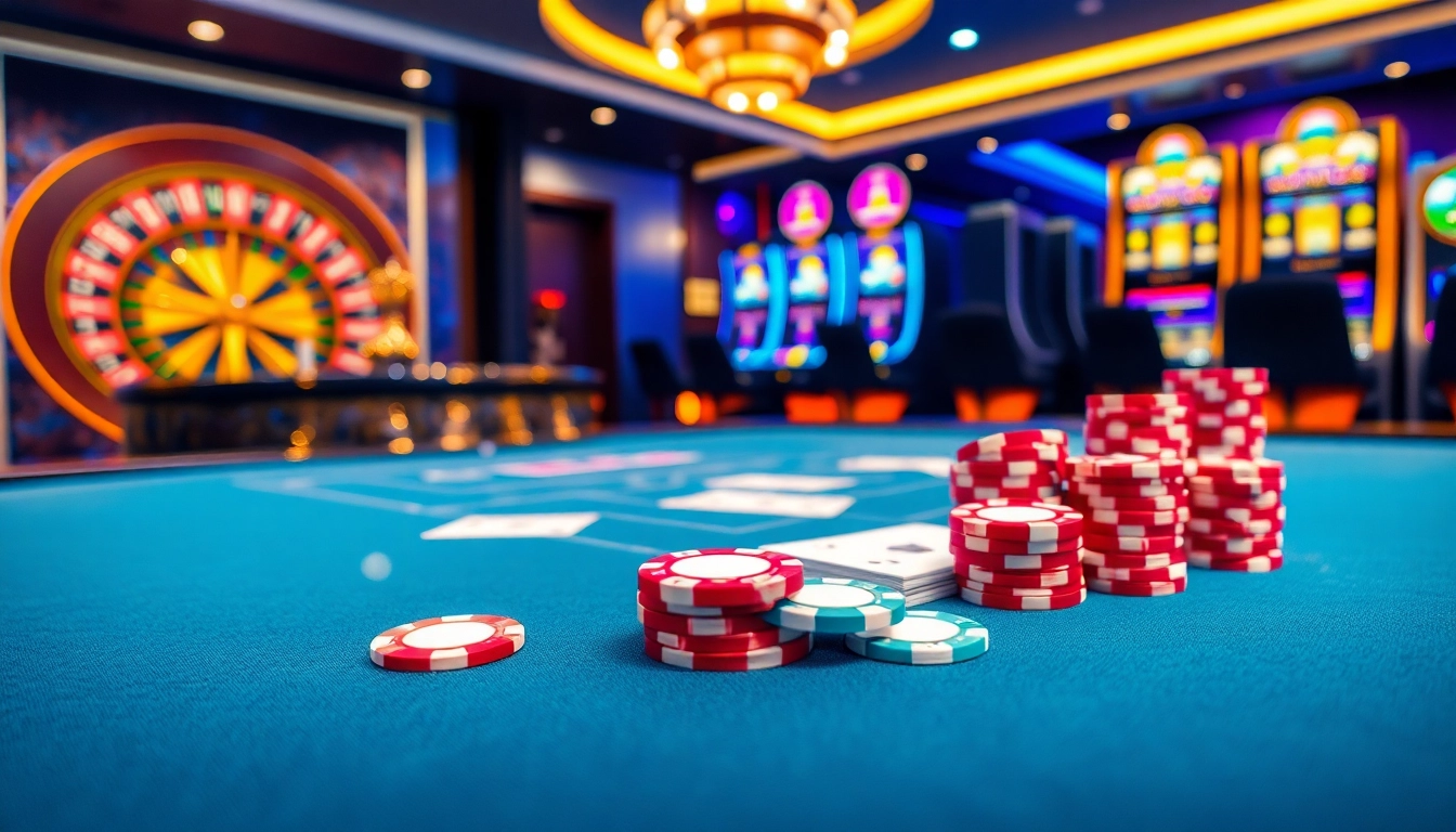 Experience thrilling gameplay at MM88 with a vibrant casino table surrounded by chips and cards.
