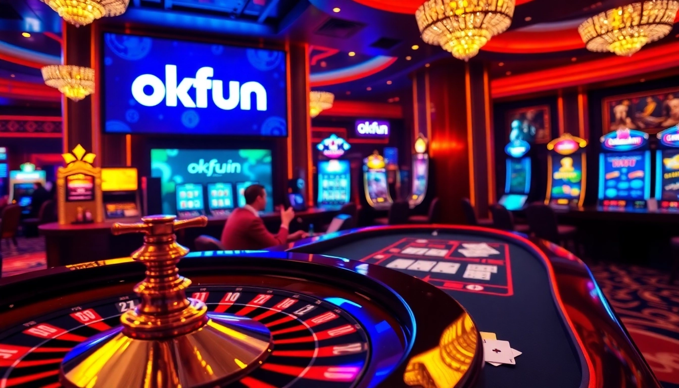 Players enjoying poker and roulette at okfun casino, showcasing a vibrant gambling atmosphere.