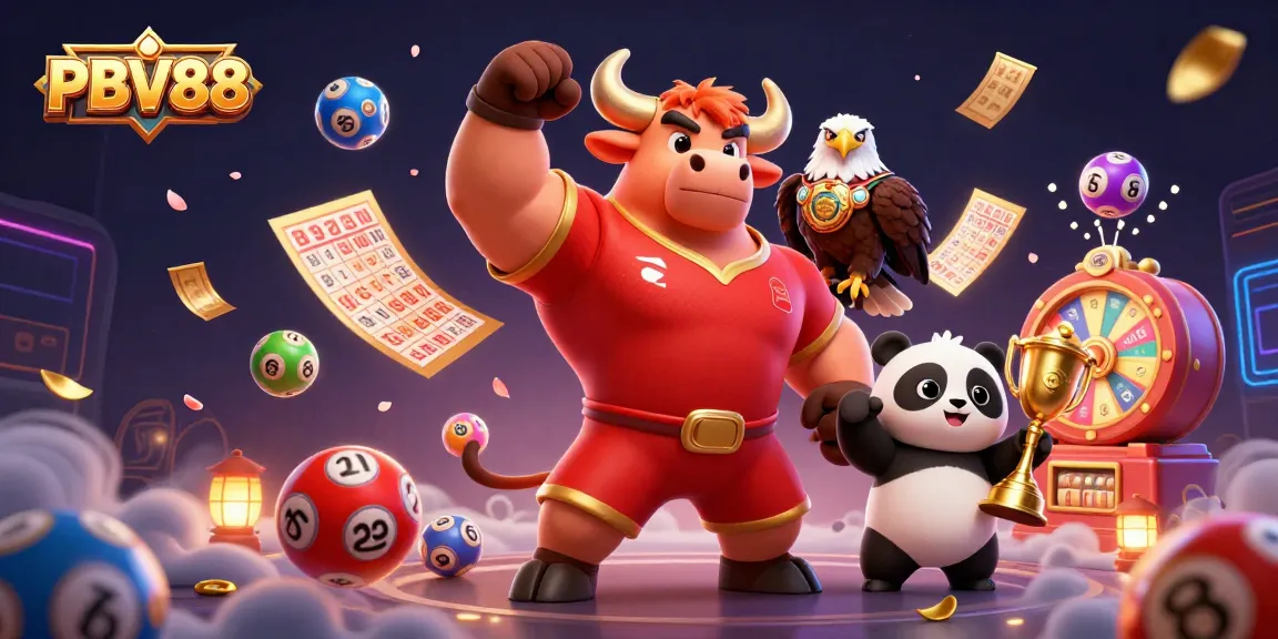 Engage with PBV88's exciting lottery games alongside vibrant characters in a dynamic casino setting.