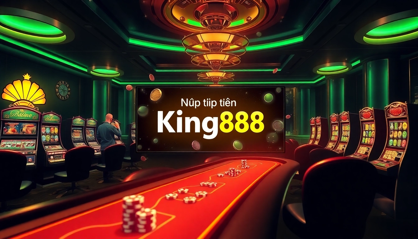 Nạp tiền King88 transaction with vibrant casino elements showcasing secure deposits and excitement.