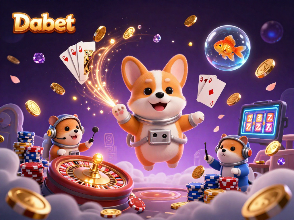 Dabet offers exciting space-themed gameplay with a corgi in a casino setting and floating coins.