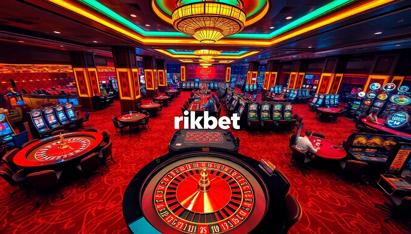 Experience the excitement at rikbet's luxurious casino gaming floor with vibrant tables and players.