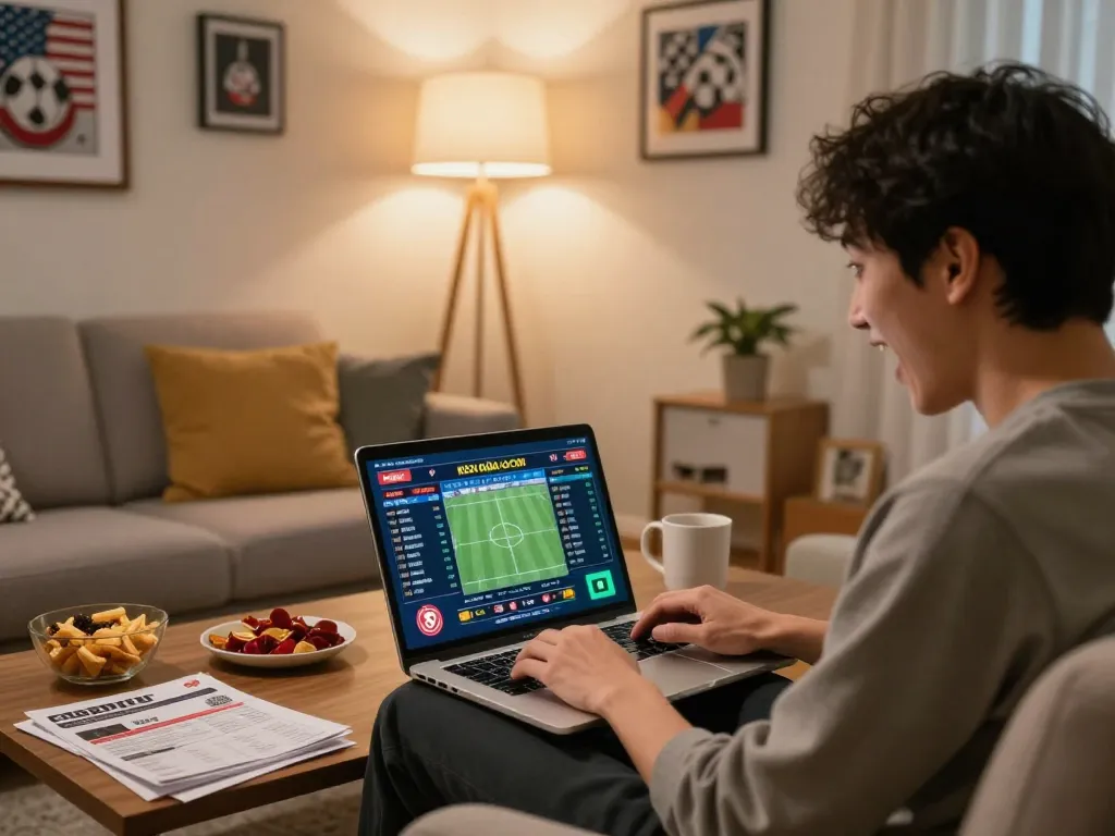 Engaging in online sports betting with live kèo nhà cái odds displayed on a laptop.