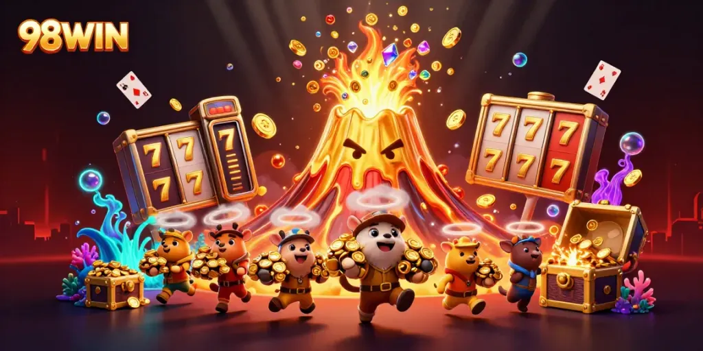 Engage with the 98WIN golden volcano erupting coins and gems in a vibrant casino scene.