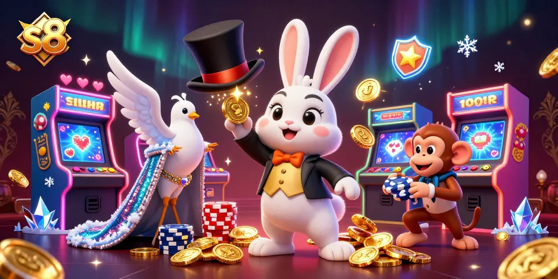 Experience thrilling wins at s8 with a dynamic 3D casino scene featuring magical characters pulling coins and poker chips.