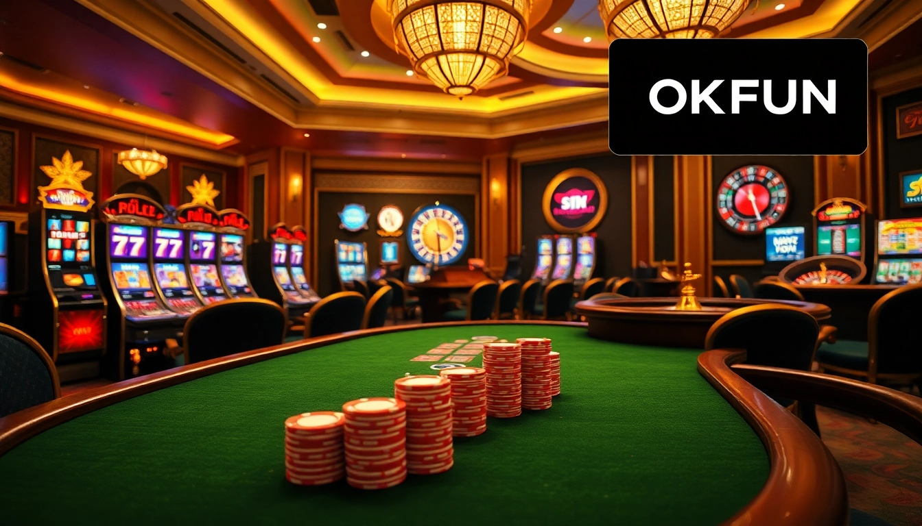 Experience the excitement of OKFUN's casino with vibrant slot machines and elegant poker tables.