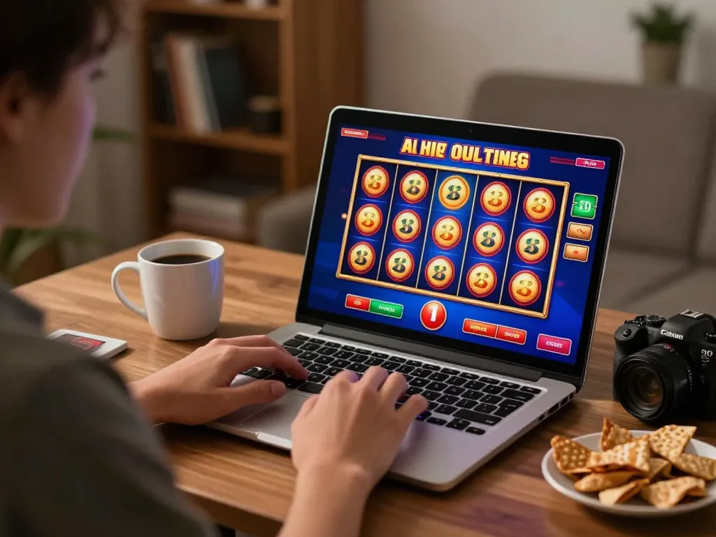 LLWIN spins the reels during an online casino session in a cozy home setup.
