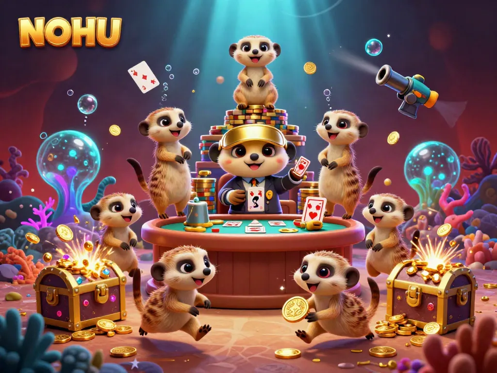 Experience the excitement of NOHU with meerkats running a bustling casino operation in a vibrant underwater setting filled with treasures.