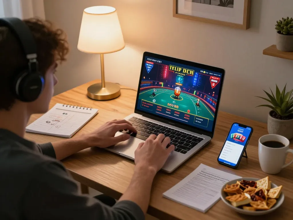 Player enjoying an engaging hubet live casino game on a laptop at home, showcasing a cozy gaming setup.