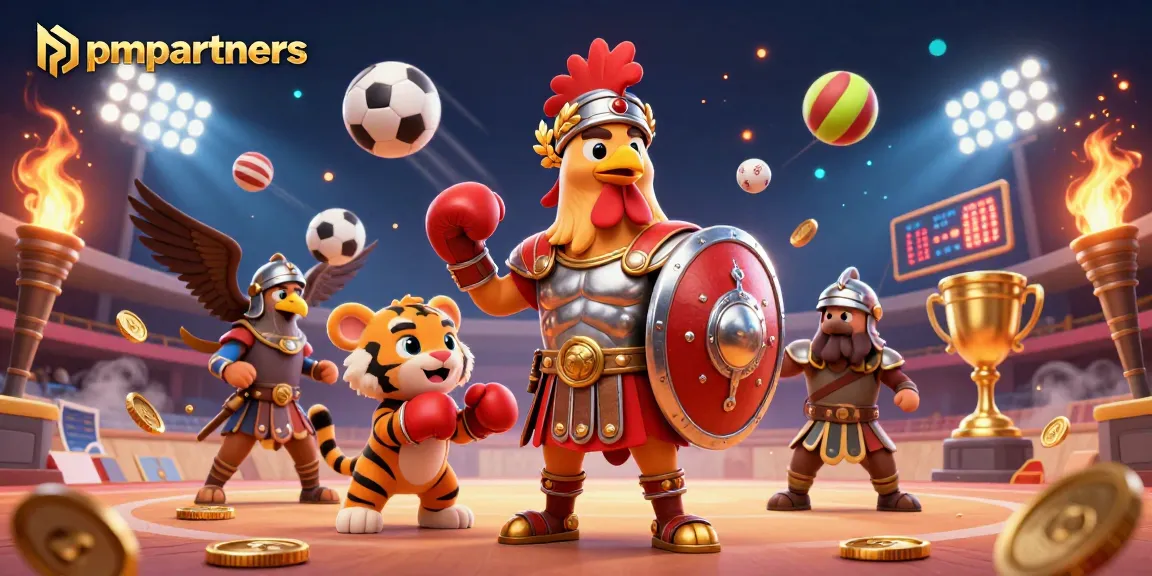 Experience exciting online gambling with pmpartners featuring gladiator rooster, sports elements, and dynamic action.