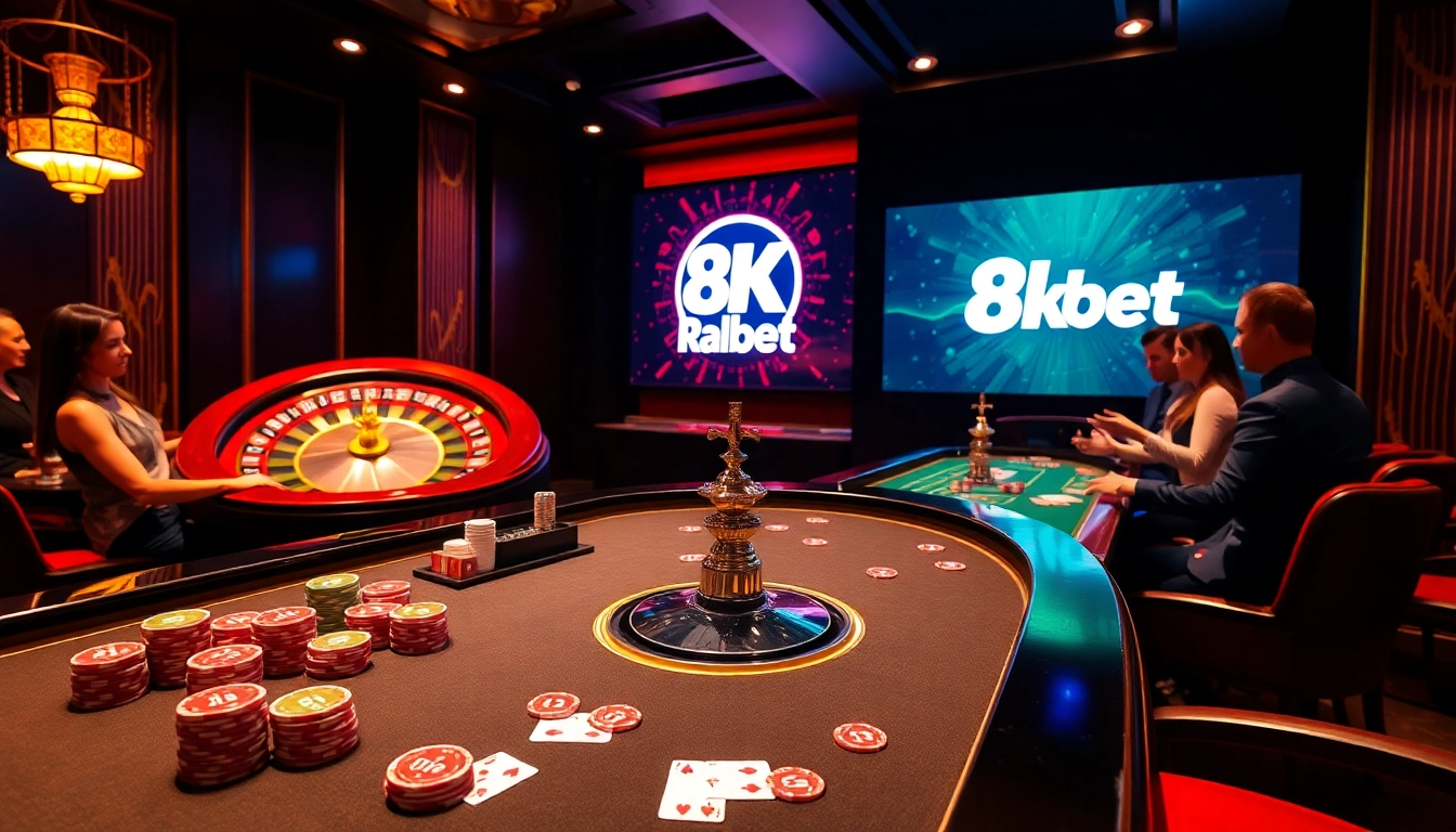 Engage in thrilling online gaming at 8kbet, featuring vibrant casino tables and exciting gameplay.