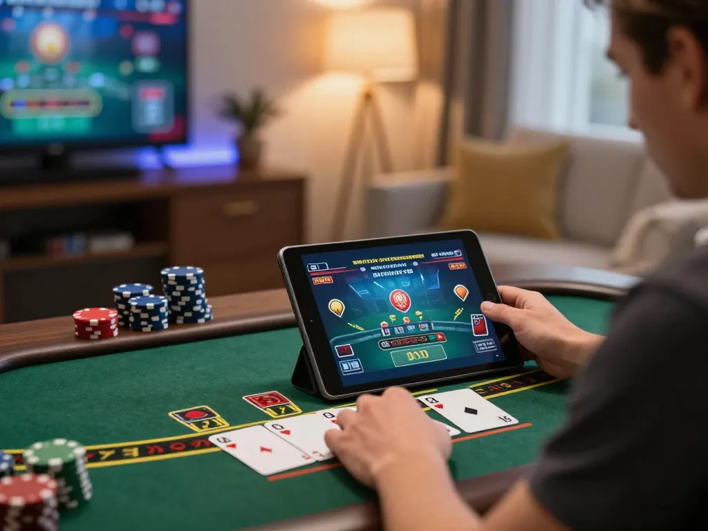 TG88 player enjoying live dealer blackjack in a cozy home setup, reflecting engaging online gaming.
