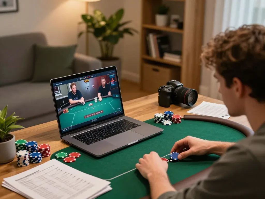 Engaged player strategizing in an online poker game on cm88 bookmaker, chips scattered around a cozy desk.