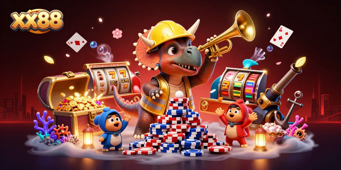 Engage in the excitement of xx88 with vibrant slot reels and a triceratops proudly building poker chip pyramids.