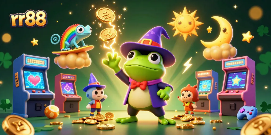 Experience thrilling gaming with rr88 through a vibrant illustration of a wizard frog and chameleon.