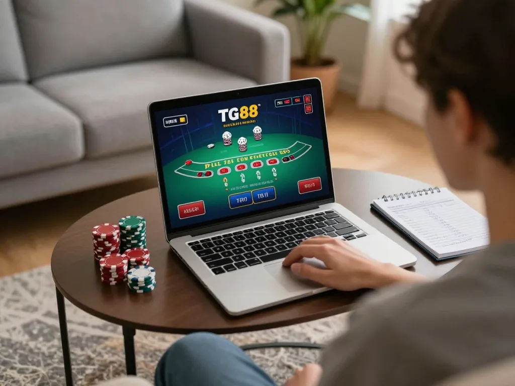 Tg88 user engrossed in live dealer blackjack from home laptop, showcasing online gambling.