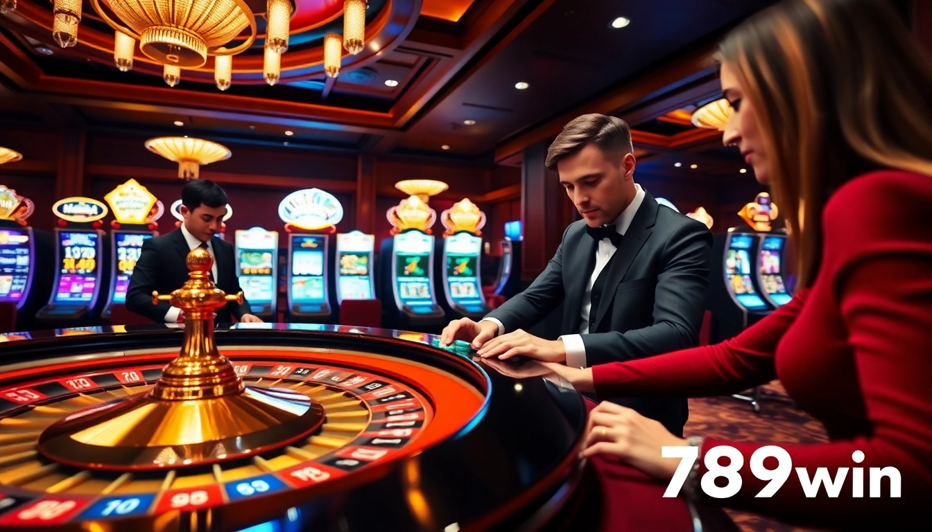 Experience the thrill of 789win casino with vibrant scenes of players, roulette, and slot machines.