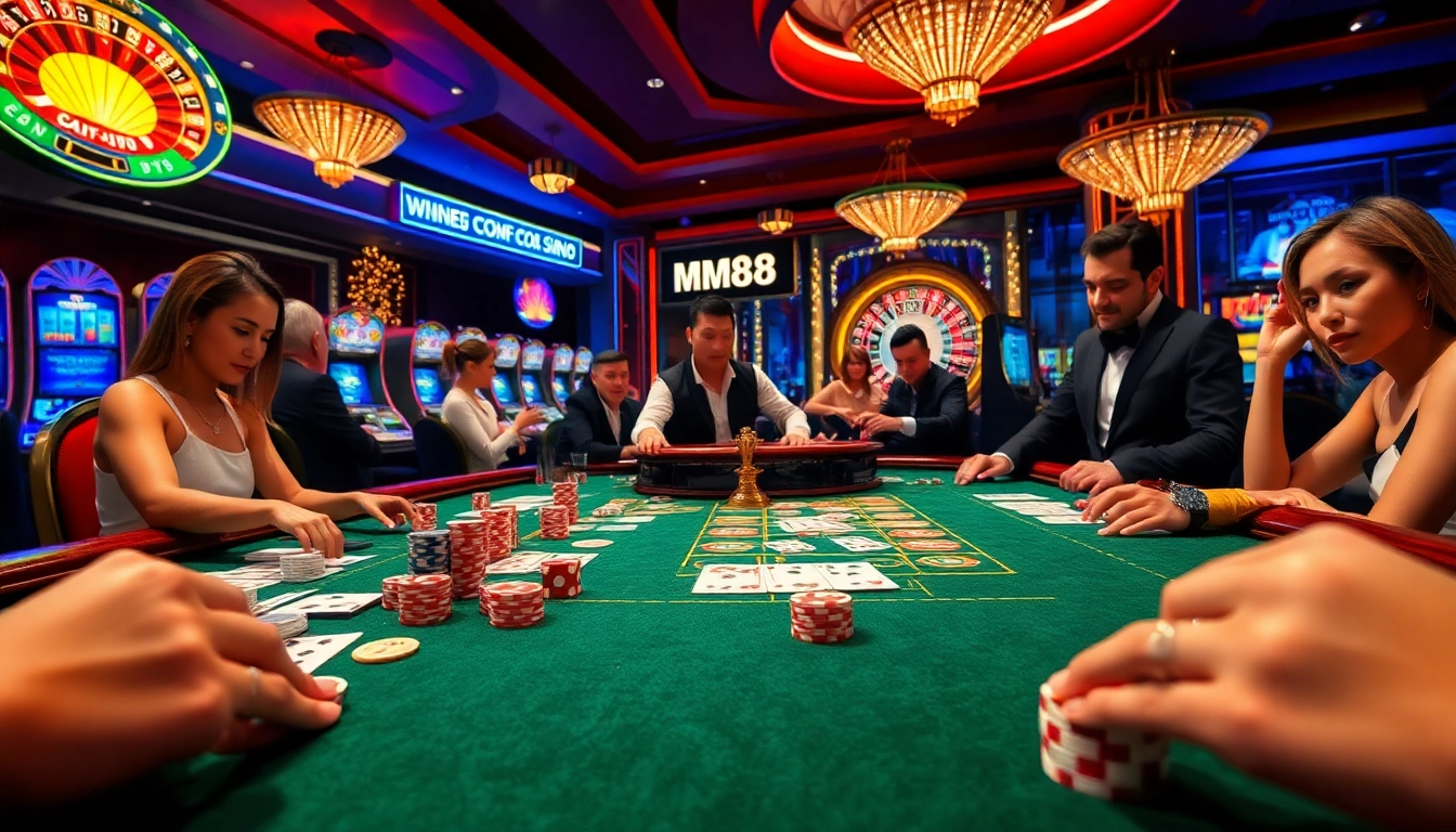 Experience the thrill of gambling at MM88's luxurious casino table filled with poker chips and cards.
