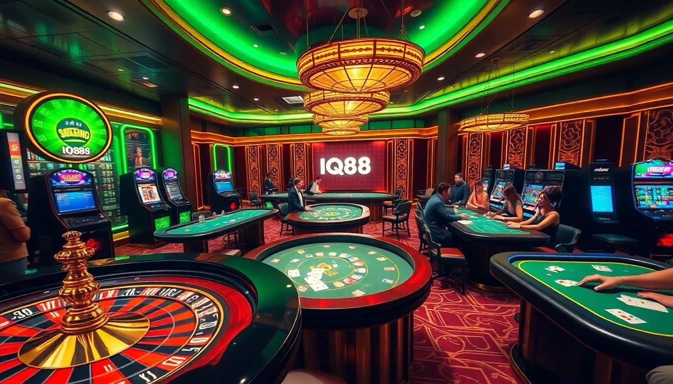 A dynamic casino scene featuring IQ88 gaming tables and vibrant slot machines amidst an exciting atmosphere.
