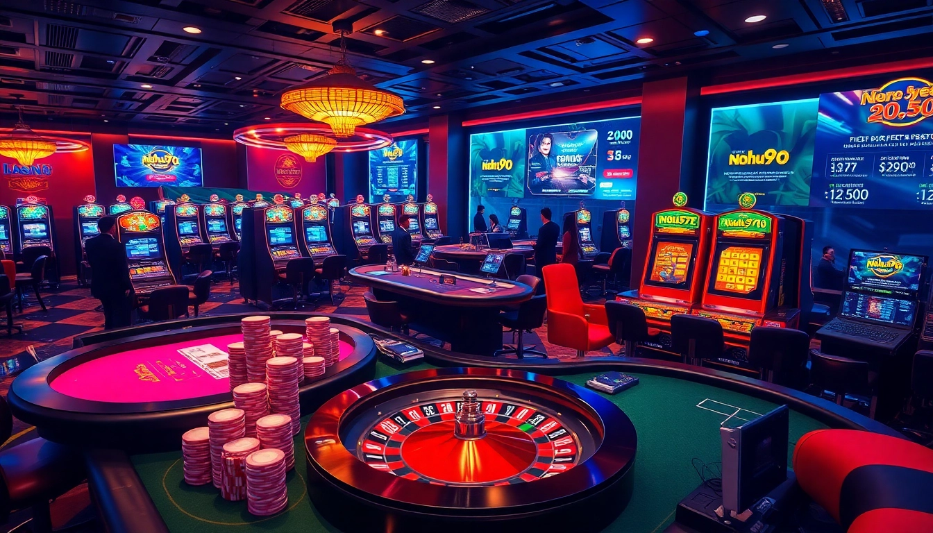 Nohu90 gaming platform showcasing exciting casino tables and vibrant slot machines