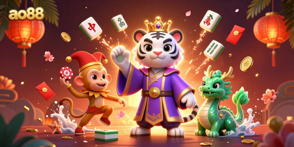 Spin the reels with ao88's vibrant 3D casino illustration featuring a royal tiger and playful dragon.