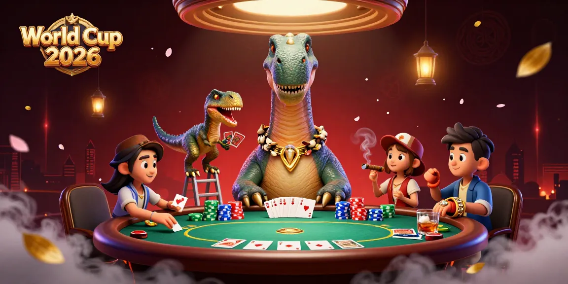 Experience the vibrant World Cup 2026 atmosphere with a playful poker scene featuring a towering brontosaurus and a clever raptor.
